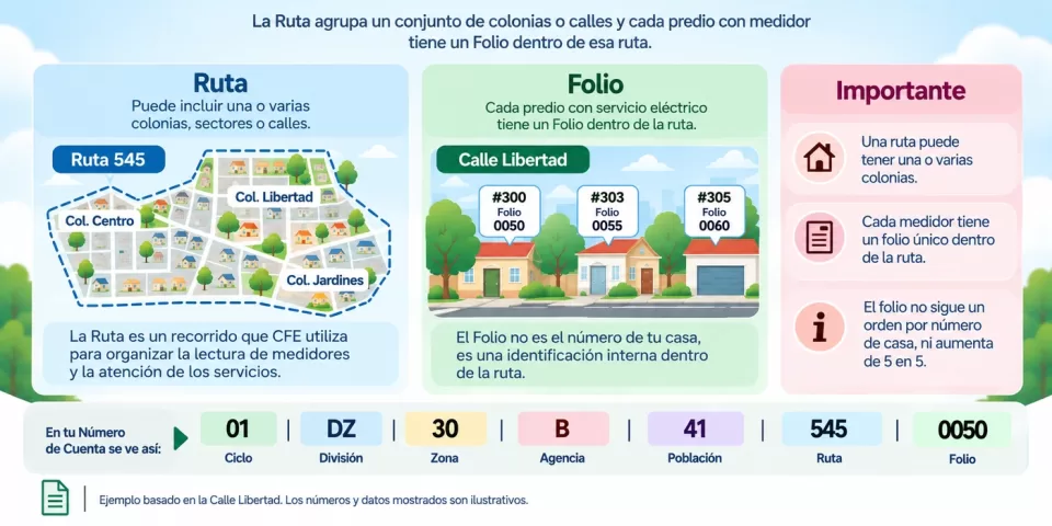 Infografía de una ruta ficticia 545 en Calle Libertad con tres predios identificados con los folios 0050, 0055 y 0060; también muestra la estructura completa del Número de Cuenta.