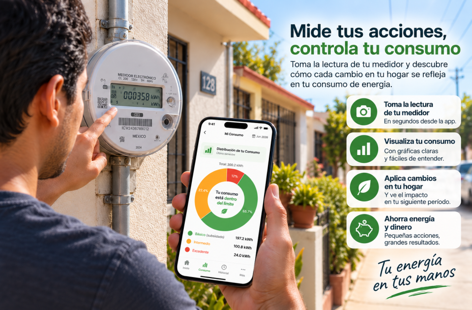 Persona frente al medidor electrónico de electricidad de su vivienda mientras consulta en un celular una gráfica de consumo para comparar cómo sus hábitos modifican el uso de energía.