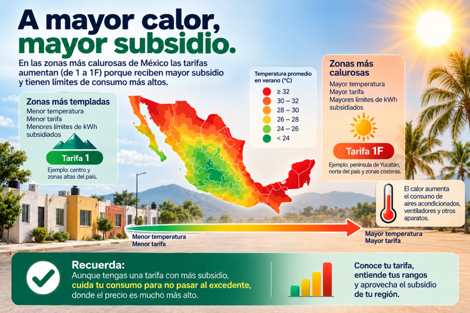 Mapa conceptual de México que relaciona las zonas de mayor temperatura con tarifas domésticas que permiten rangos de consumo más amplios durante la temporada de verano.