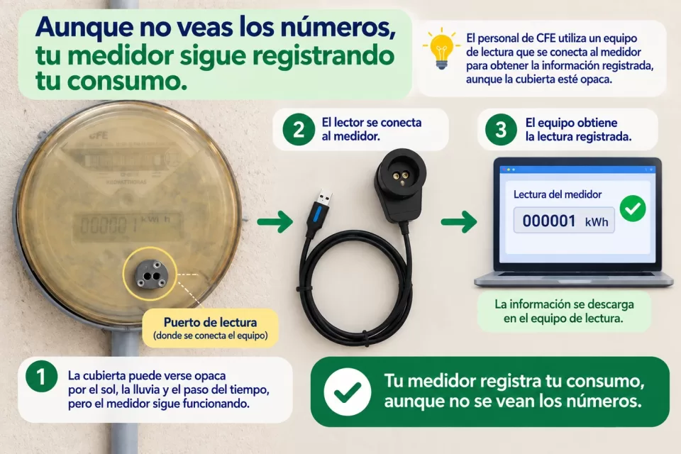 Infografía que muestra un medidor digital con la cubierta amarillenta y opaca, su puerto de lectura, un equipo electrónico conectado al medidor y una computadora que recibe la misma lectura registrada.