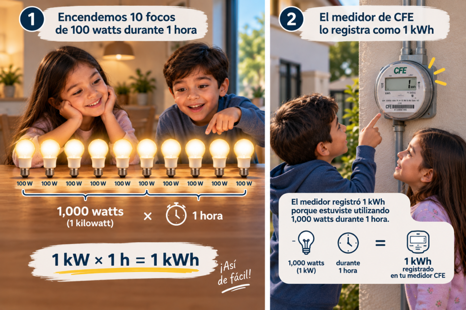 Dos niños observan diez focos de 100 watts encendidos durante una hora; la imagen explica que 1,000 watts equivalen a 1 kilowatt y que 1 kilowatt utilizado durante una hora representa 1 kWh registrado por el medidor.