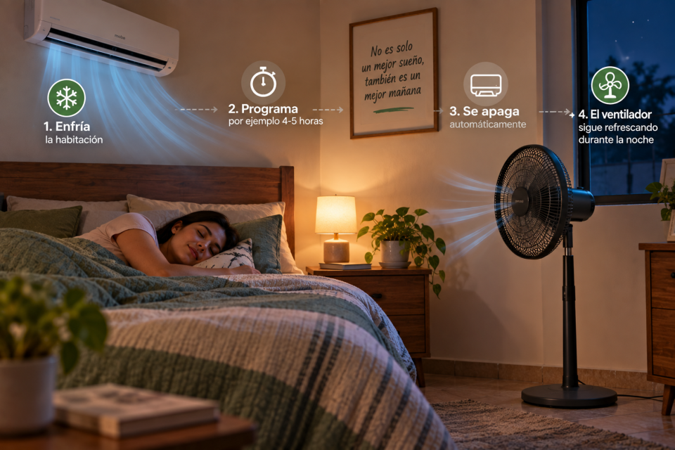 Persona durmiendo en una recámara durante la noche mientras el aire acondicionado está programado para apagarse después de unas horas y un ventilador de pedestal continúa moviendo el aire.