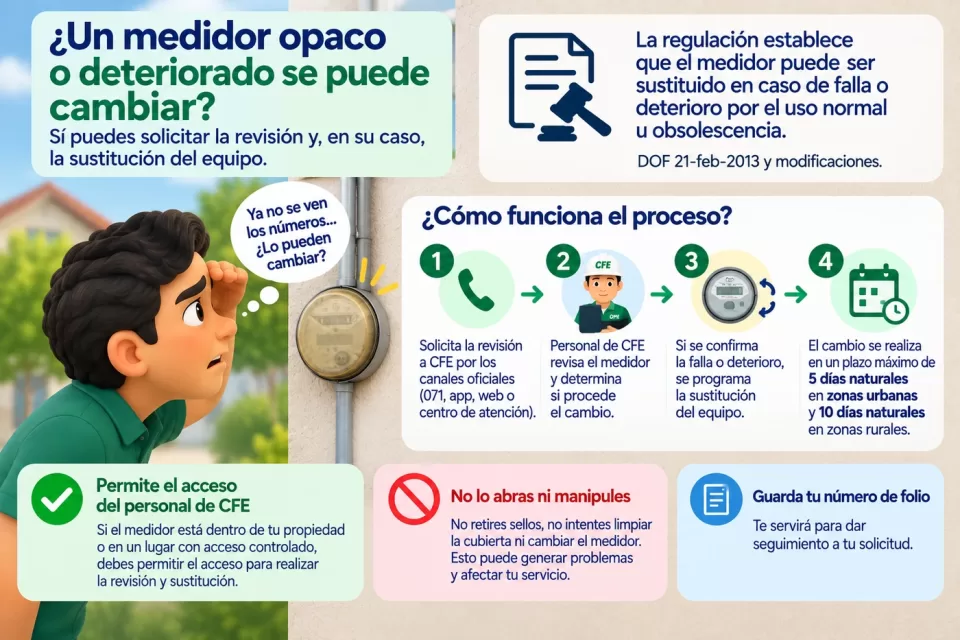 Infografía con una persona intentando leer un medidor pequeño y opaco; explica que primero se solicita la revisión, después se inspecciona el equipo y, si se confirma una falla o deterioro, se programa su sustitución.