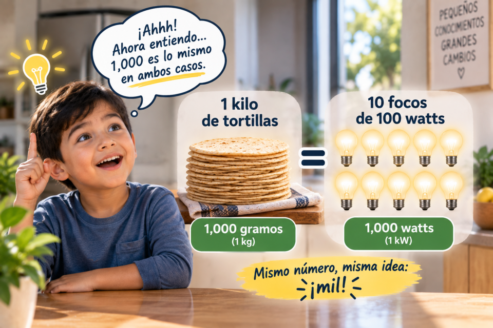 Niño descubre la idea de que kilo significa mil mediante una comparación visual: un kilogramo de tortillas equivale a 1,000 gramos y diez focos de 100 watts suman 1,000 watts, es decir, 1 kilowatt.