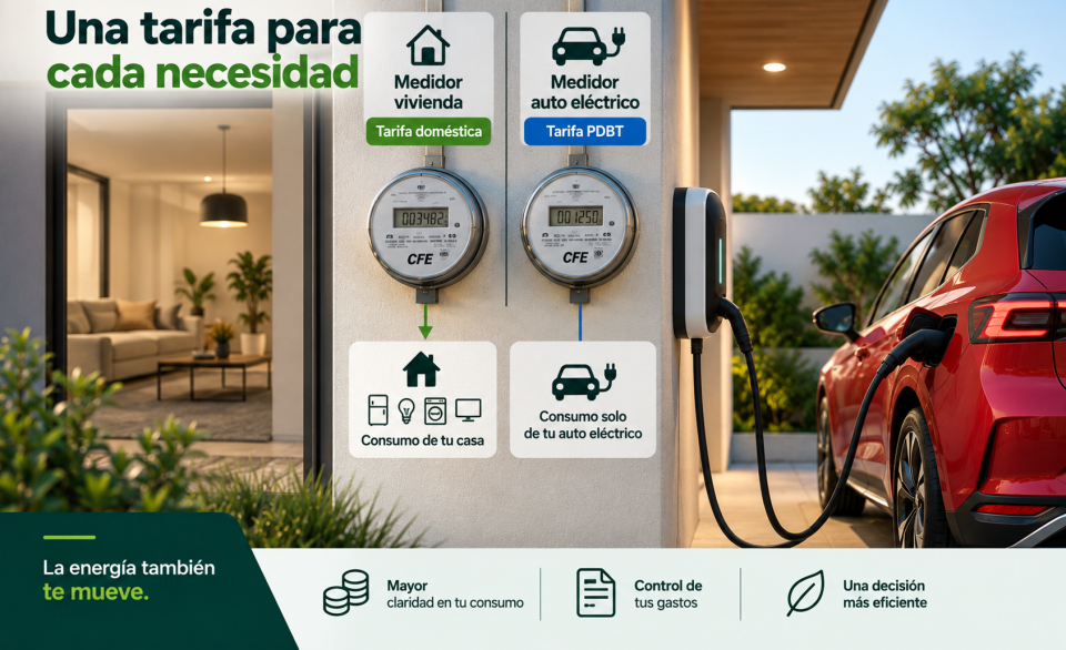 Vehículo eléctrico conectado a su cargador frente a una vivienda, acompañado de dos medidores que representan la separación entre el consumo doméstico y la energía utilizada para cargar el automóvil.