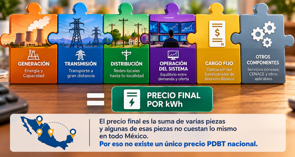 Infografía de un rompecabezas que explica los componentes de la tarifa eléctrica: energía, capacidad, transmisión, distribución, operación del sistema y suministro básico.