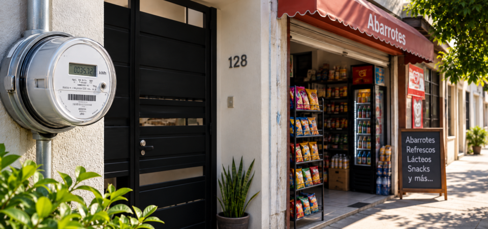 Medidor de luz y tienda de abarrotes
