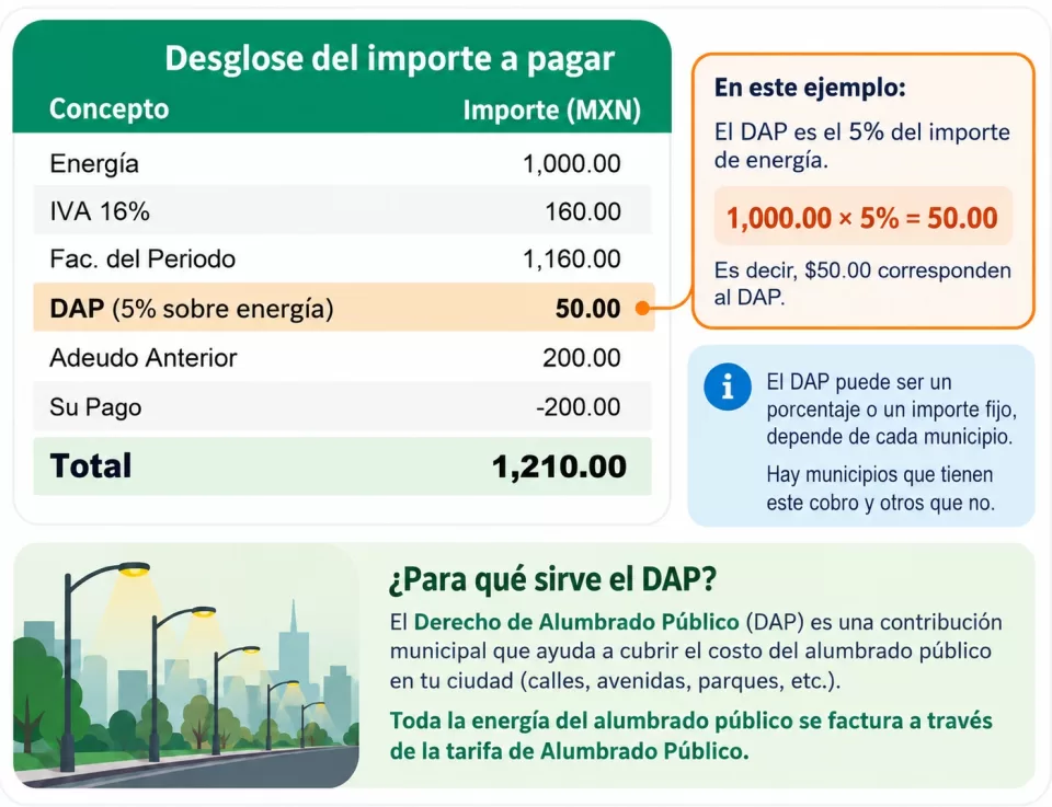 Ejemplo visual de un recibo de electricidad con $1,000 de energía y $50 de DAP, equivalente al 5% en este caso ilustrativo.
