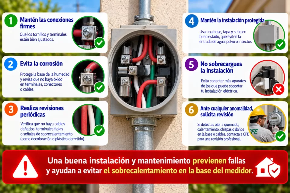 Infografía con seis recomendaciones preventivas para mantener en buenas condiciones la base del medidor y reducir riesgos de sobrecalentamiento y fallas eléctricas.