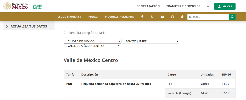 Referencia visual de la tarifa PDBT para el suministro destinado al cargador de un vehículo eléctrico, mostrando que el costo de la energía debe consultarse según la región y el periodo correspondiente.