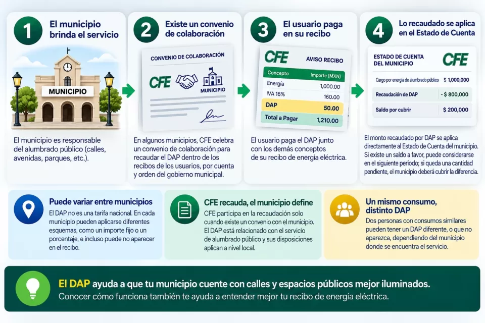 Infografía del flujo del DAP: el municipio presta el alumbrado público, puede celebrar un convenio de recaudación con CFE, el usuario paga el DAP en su recibo y lo recaudado se aplica al estado de cuenta municipal.