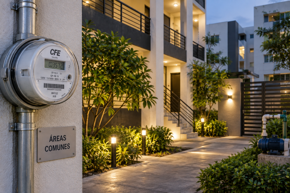 Medidor eléctrico asociado a un edificio de departamentos; representa un suministro que alimenta áreas comunes privadas como pasillos, jardines, bombas de agua y portones, separado del consumo doméstico de cada vivienda.
