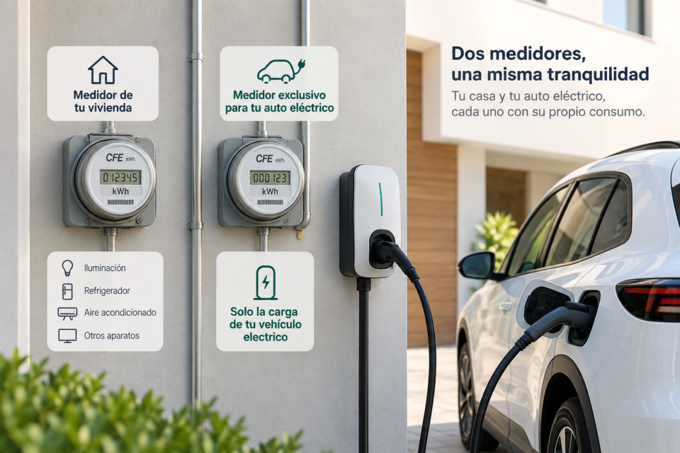 Vehículo eléctrico conectado a un cargador junto a una vivienda con dos medidores eléctricos; uno corresponde al consumo de la casa y el otro al suministro independiente destinado a la carga del automóvil.