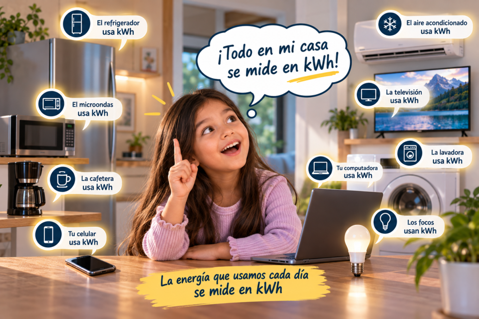 Niña descubre que los aparatos de una casa, como refrigerador, microondas, televisión, aire acondicionado, lavadora, computadora, celular y focos, contribuyen al consumo de energía que se mide en kWh.