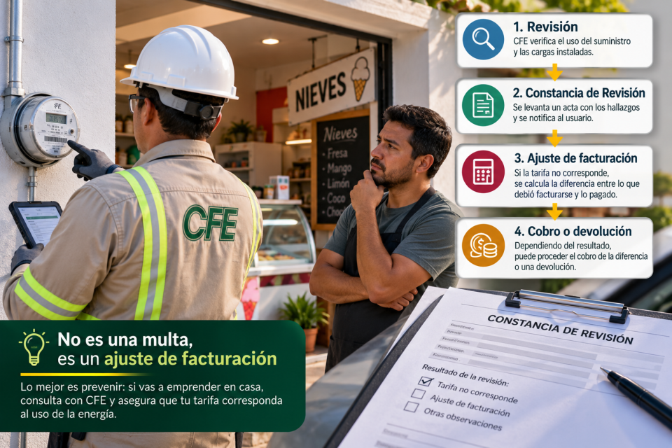 Diagrama del proceso cuando la tarifa eléctrica no corresponde al uso del suministro: revisión por CFE, determinación de la tarifa aplicable y cálculo de la diferencia de facturación que, según el resultado, puede cobrarse o devolverse.