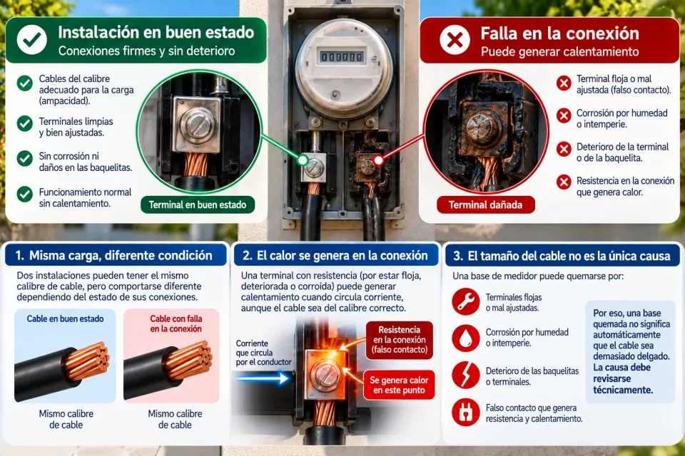 Infografía preventiva con iconos que muestran terminales flojas, corrosión, deterioro de componentes y falsos contactos como posibles causas de calentamiento en la base del medidor.