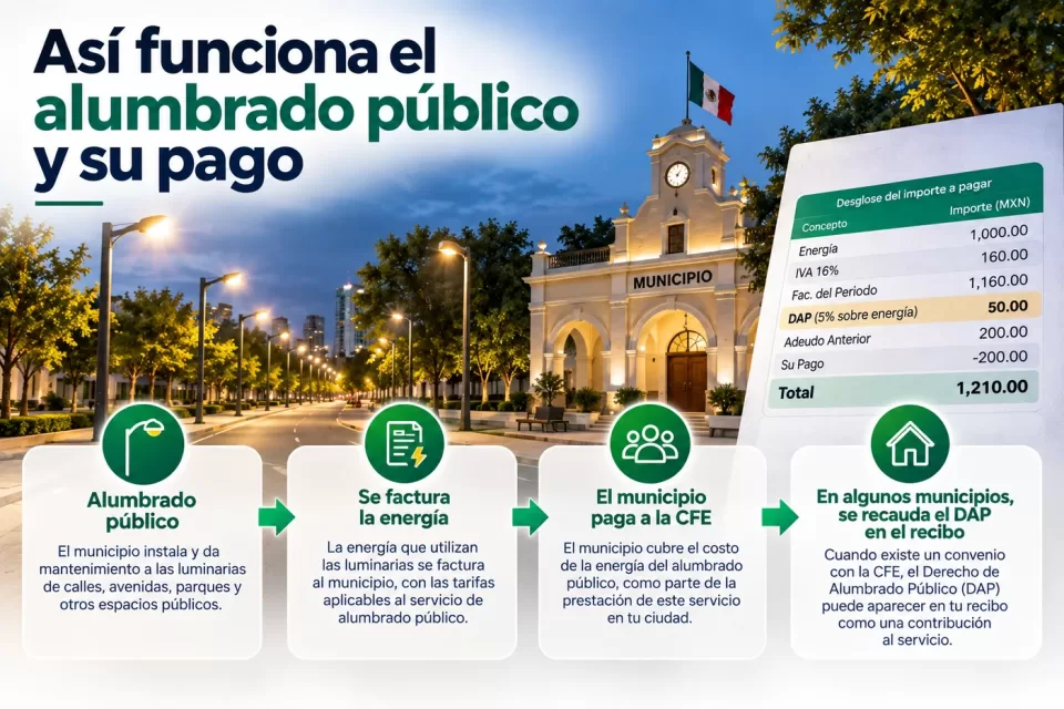 Infografía sobre el alumbrado público: el municipio mantiene las luminarias, la energía se factura al municipio y el DAP puede recaudarse mediante el recibo cuando existe el esquema correspondiente.