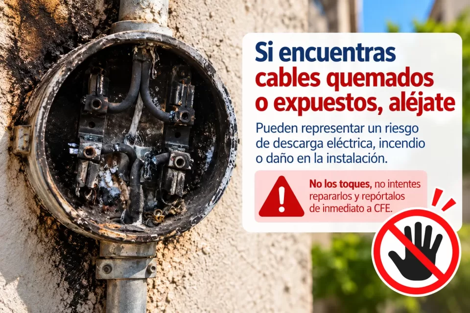 Base de medidor con cables y terminales quemados junto a una señal de prohibido tocar, como advertencia de riesgo eléctrico.