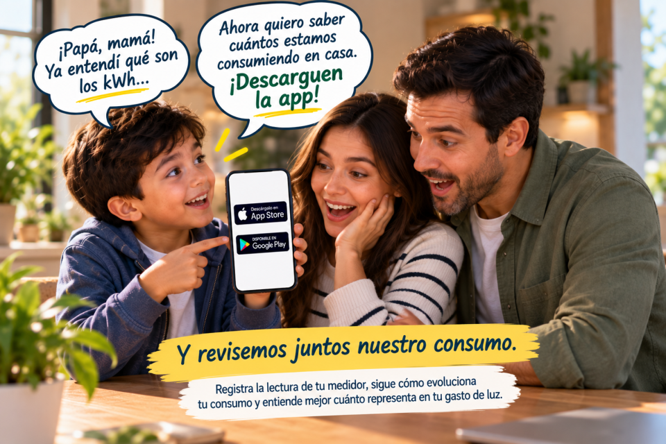 Niño muestra a sus padres un celular con las opciones de descarga en App Store y Google Play, mientras la familia conversa sobre conocer sus kWh, registrar la lectura del medidor y entender mejor el consumo de electricidad de su hogar.