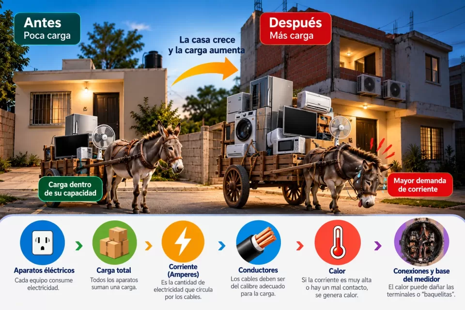 Ilustración de un burrito jalando una carreta con aparatos eléctricos para representar cómo aumenta la carga de una vivienda al agregar nuevos equipos.