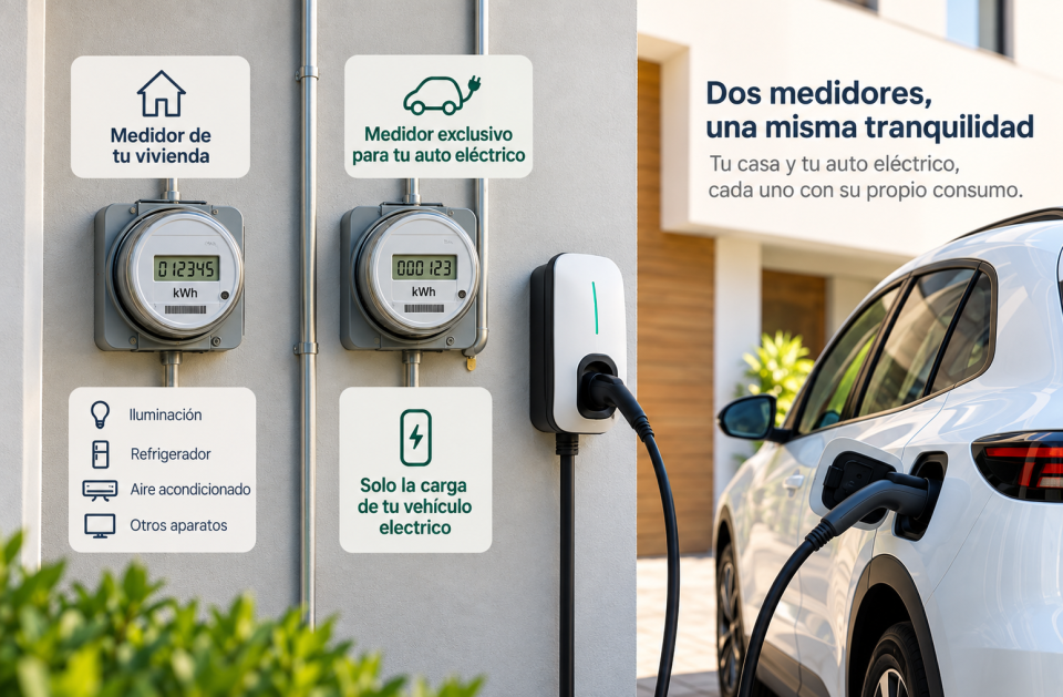 Vehículo eléctrico conectado a un cargador junto a una vivienda con dos medidores eléctricos; uno corresponde al consumo de la casa y el otro al suministro independiente destinado a la carga del automóvil.