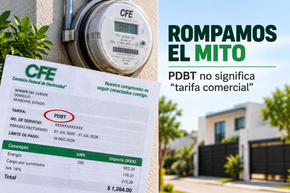 Infografía que explica que PDBT significa Pequeña Demanda en Baja Tensión y que puede aplicarse a suministros de hasta 25 kW destinados a distintos usos, no exclusivamente a comercios.