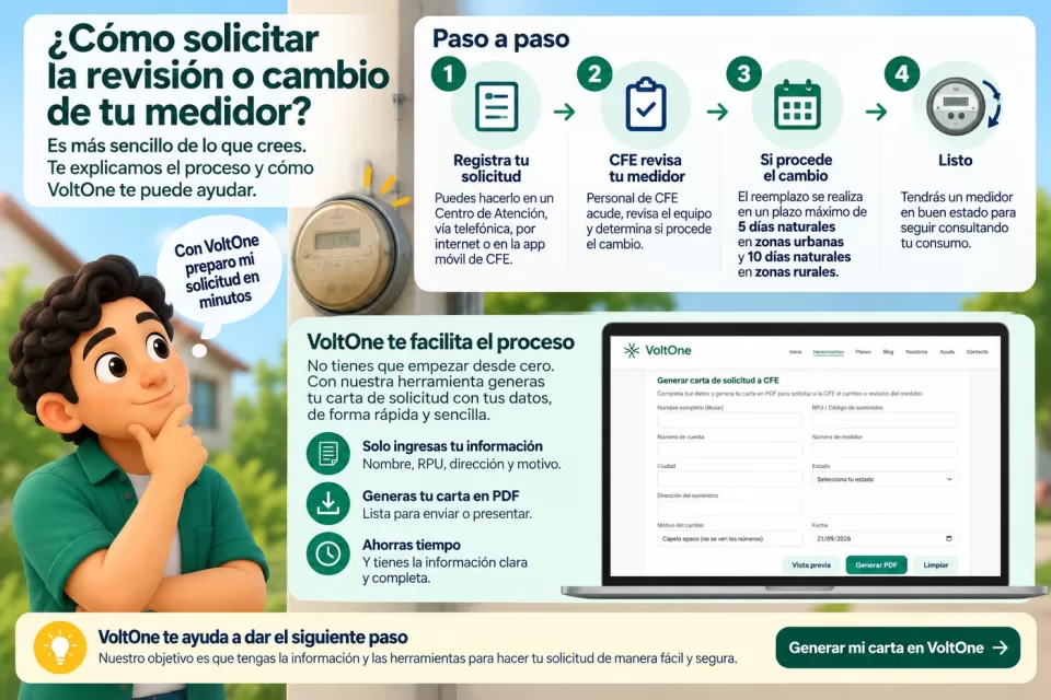 Infografía de VoltOne que resume cómo preparar una solicitud de revisión o cambio de medidor: reunir los datos del servicio, capturarlos en la herramienta, generar la carta en PDF y presentarla para su atención.