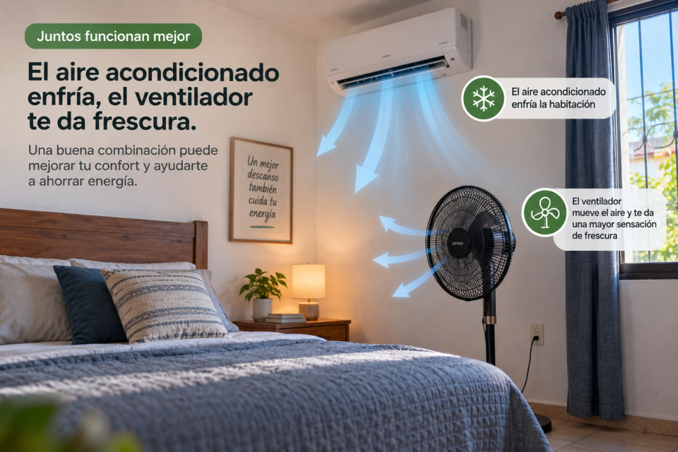 Recámara con aire acondicionado y ventilador de pedestal funcionando juntos; flechas muestran cómo el aire acondicionado enfría la habitación mientras el ventilador mueve el aire hacia la zona de descanso.