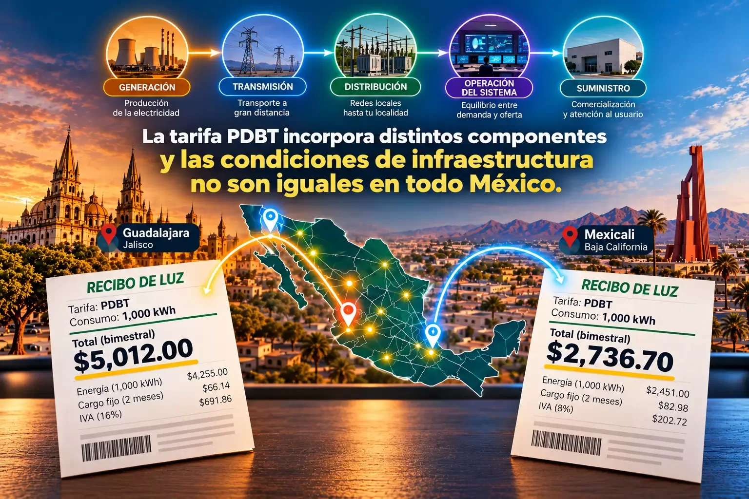 Infografía educativa del recorrido de la electricidad: generación, transmisión, distribución, operación del sistema y suministro eléctrico a pequeños negocios.