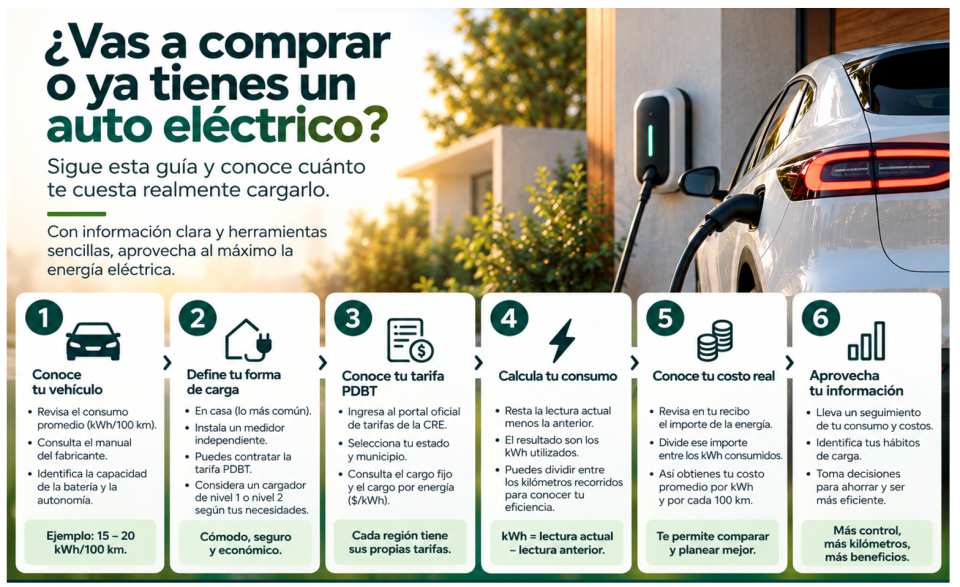 Resumen visual de los elementos necesarios para entender la carga de un vehículo eléctrico en casa: medidor, tarifa, consumo en kWh, kilómetros recorridos y costo en pesos.