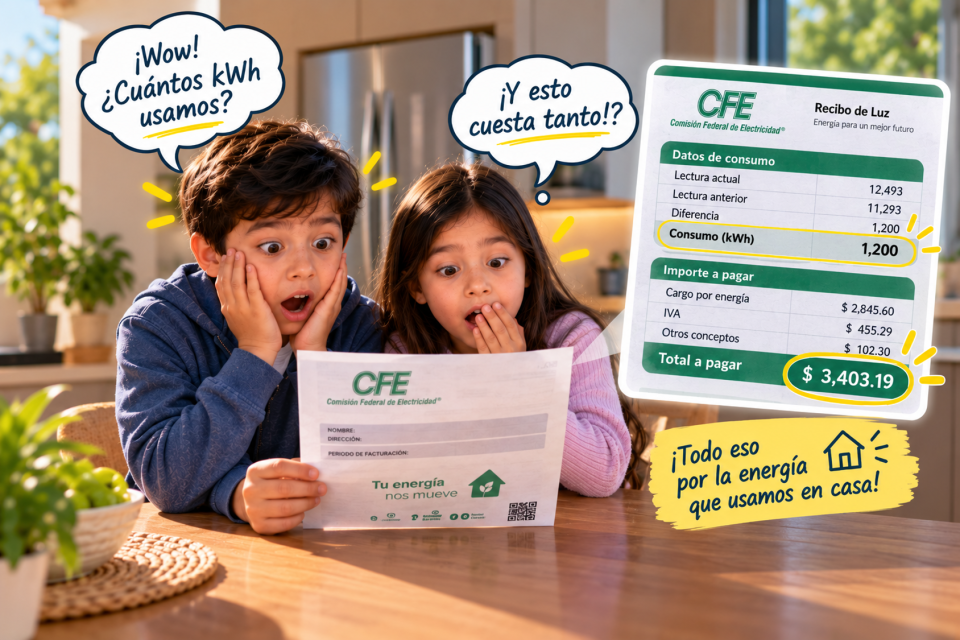 Dos niños observan sorprendidos un recibo de electricidad ilustrativo que destaca el consumo en kWh y un importe en pesos para mostrar que la energía utilizada tiene un costo.