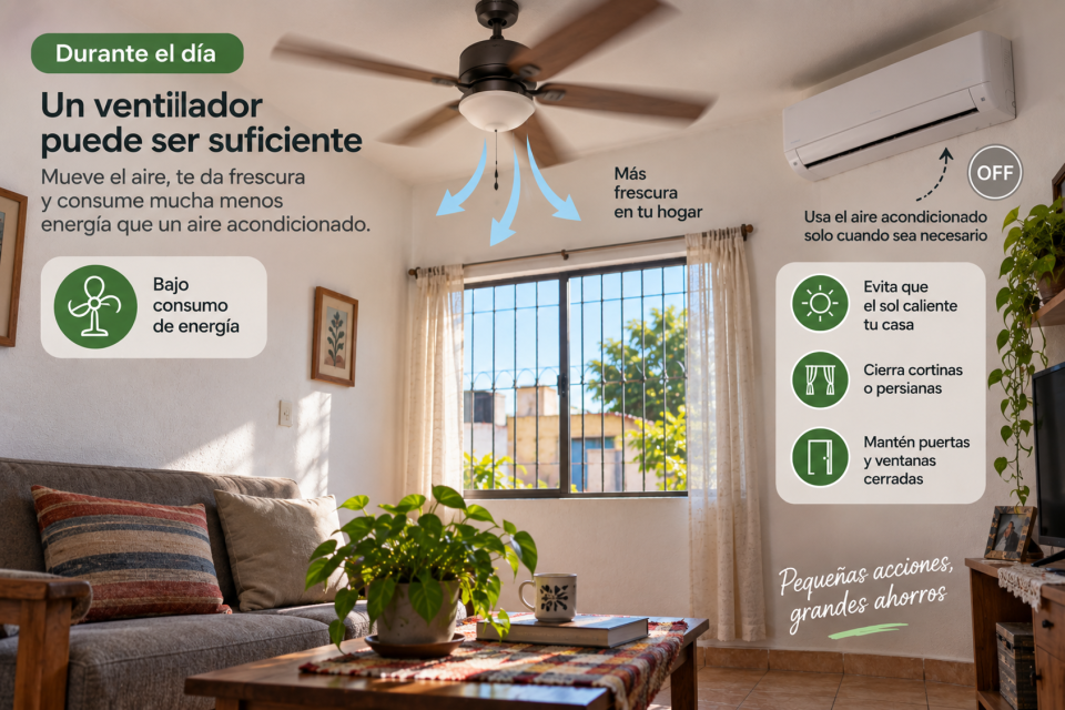 Sala de una vivienda durante el día con un ventilador de techo encendido y el aire acondicionado apagado; la imagen recomienda aprovechar el ventilador, cerrar cortinas y evitar la entrada de calor antes de usar el aire acondicionado.