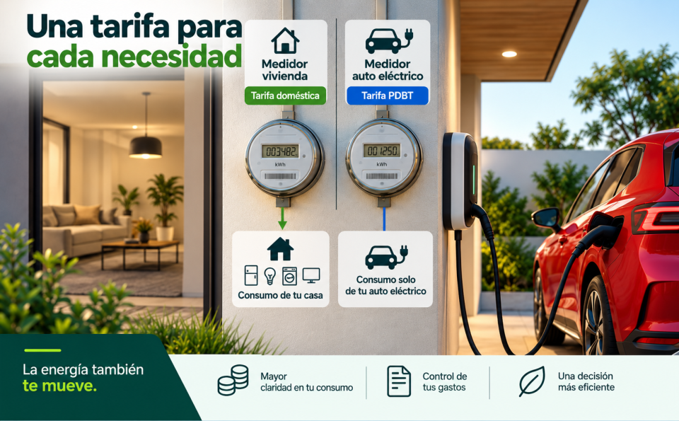 Vehículo eléctrico conectado a su cargador frente a una vivienda, acompañado de dos medidores que representan la separación entre el consumo doméstico y la energía utilizada para cargar el automóvil.