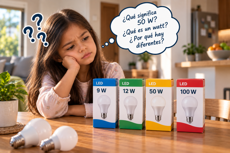 Niña observa con curiosidad varias cajas de focos LED marcadas con diferentes potencias en watts y se pregunta qué significa la letra W.