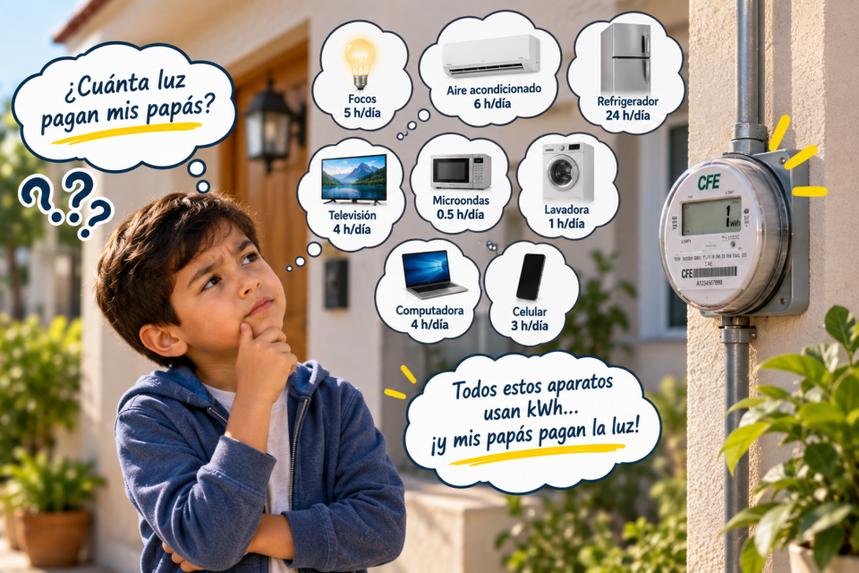 Niño frente al medidor eléctrico de una vivienda piensa en los distintos aparatos de su casa y en cuántas horas se utilizan, relacionando ese uso con los kWh acumulados.