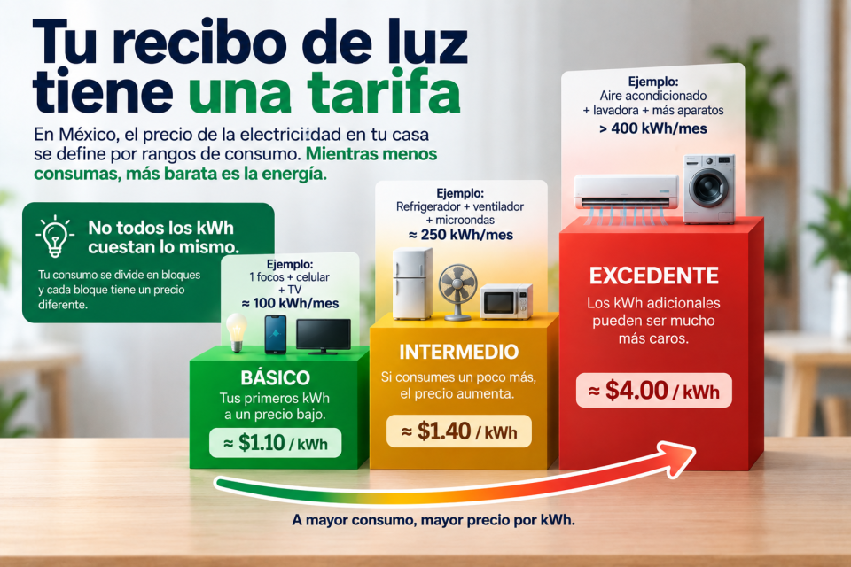 Infografía que compara los rangos básico, intermedio y excedente del consumo eléctrico doméstico y muestra cómo aumenta el precio por kWh al avanzar hacia el rango excedente.