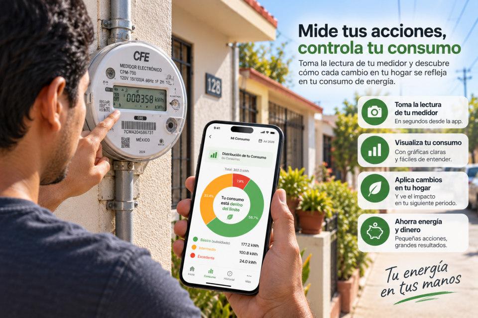 Persona frente al medidor electrónico de electricidad de su vivienda mientras consulta en un celular una gráfica de consumo para comparar cómo sus hábitos modifican el uso de energía.