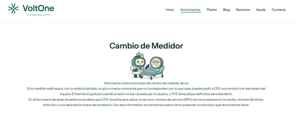 Formulario de VoltOne para generar una carta de solicitud a CFE, con campos para nombre del titular, RPU, número de cuenta, número de medidor, domicilio y motivo del cambio.