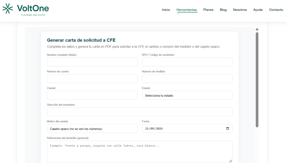 Pantalla de la herramienta de VoltOne para preparar la solicitud de cambio o revisión del medidor, con opciones para revisar los datos y generar la carta en formato PDF.