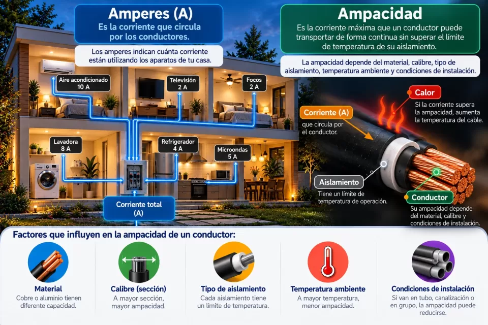 Infografía de una vivienda con distintos aparatos eléctricos y líneas que representan la corriente, utilizada para explicar los conceptos de amperes y ampacidad.