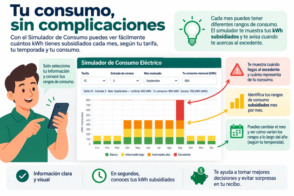 Infografía que explica que los límites de kWh cambian según la tarifa doméstica, la temporada de verano o fuera de verano y el mes consultado.