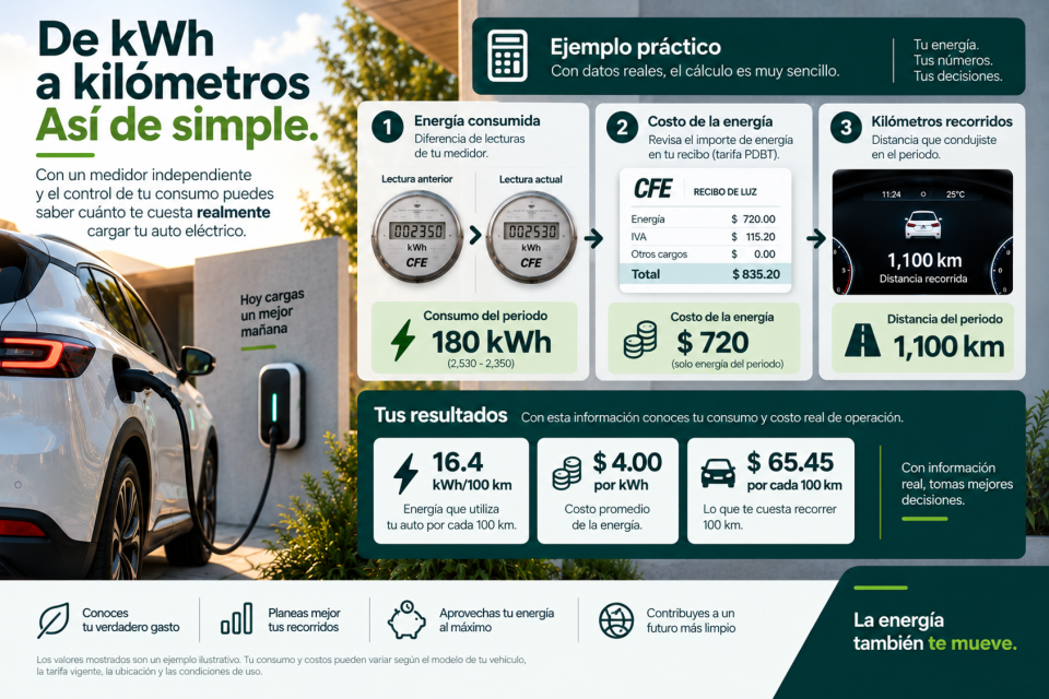 Comparación de dos lecturas de un medidor eléctrico, 2,350 kWh y 2,530 kWh, que muestra un consumo acumulado de 180 kWh como ejemplo de la energía utilizada para cargar un vehículo eléctrico.