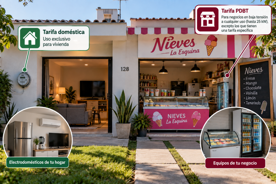 Vivienda con un pequeño negocio en el mismo inmueble; la ilustración muestra la separación entre las cargas eléctricas de la casa y las del negocio para representar que cada uso puede requerir un suministro distinto.