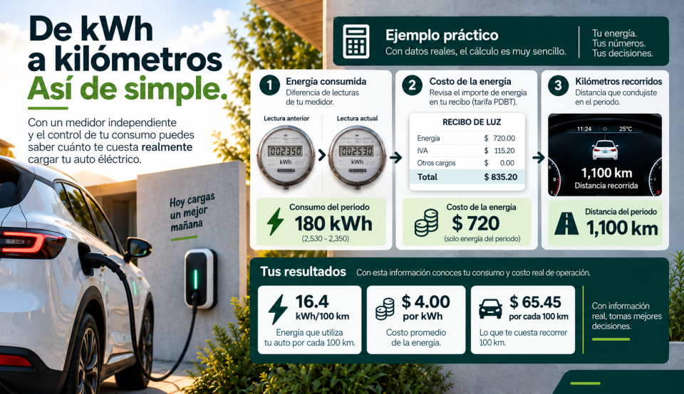 Comparación de dos lecturas de un medidor eléctrico, 2,350 kWh y 2,530 kWh, que muestra un consumo acumulado de 180 kWh como ejemplo de la energía utilizada para cargar un vehículo eléctrico.