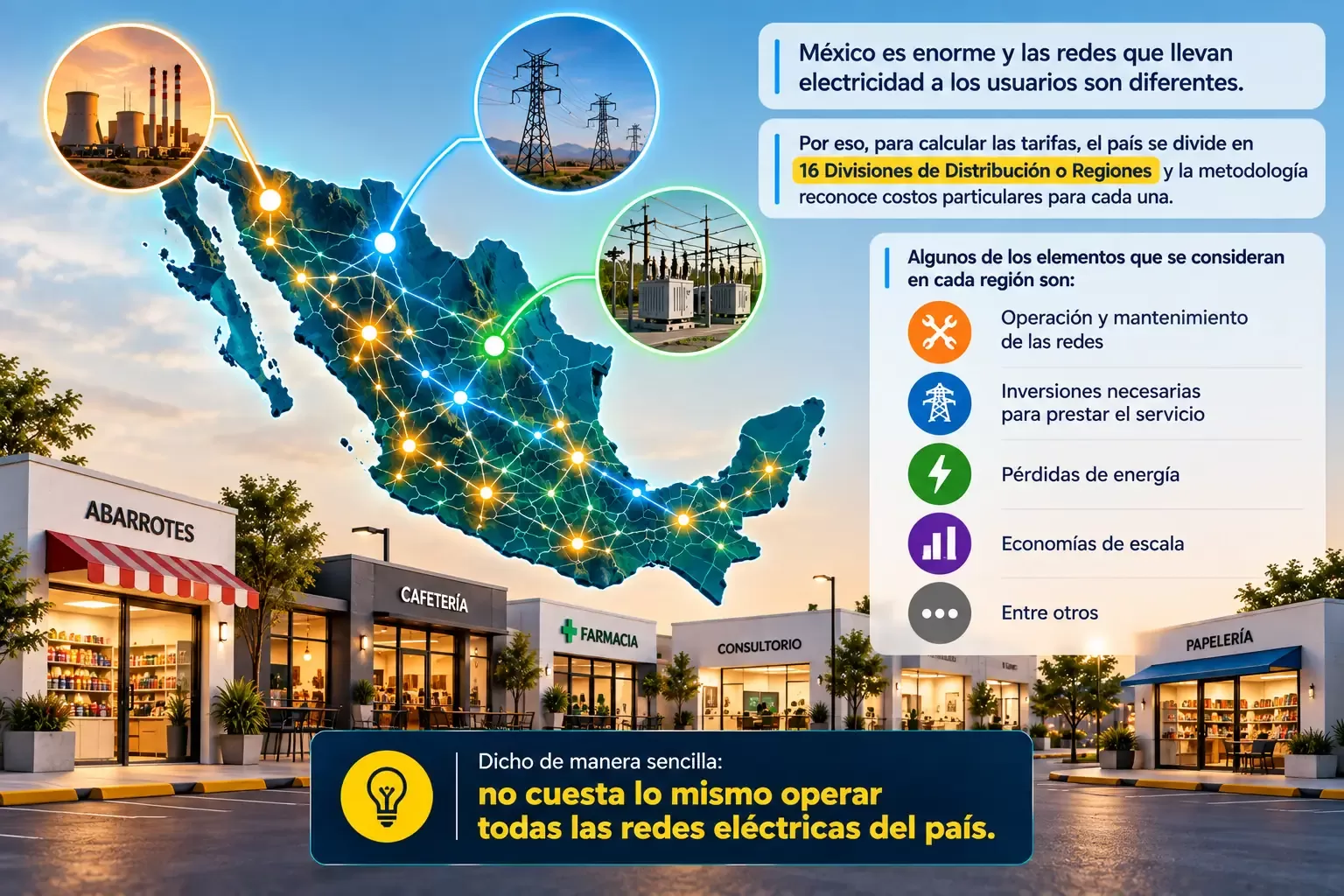 Mapa de México con infraestructura de distribución eléctrica y factores que influyen en sus costos: operación, mantenimiento, inversiones, pérdidas de energía y economías de escala.