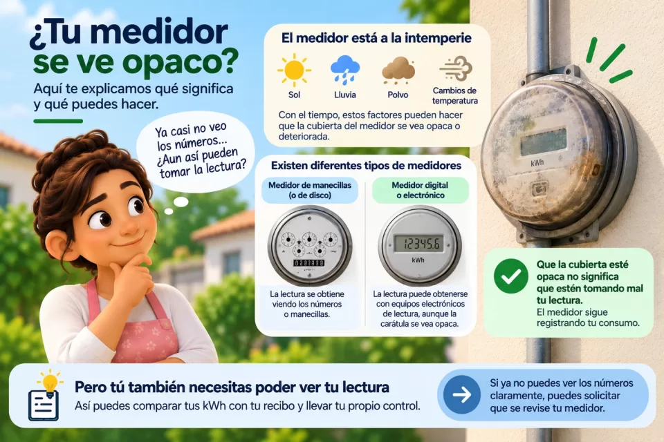 Infografía sobre un medidor de luz con la cubierta opaca por el sol, la lluvia y el paso del tiempo, con una persona que intenta distinguir la lectura y una comparación entre medidores de manecillas y digitales.