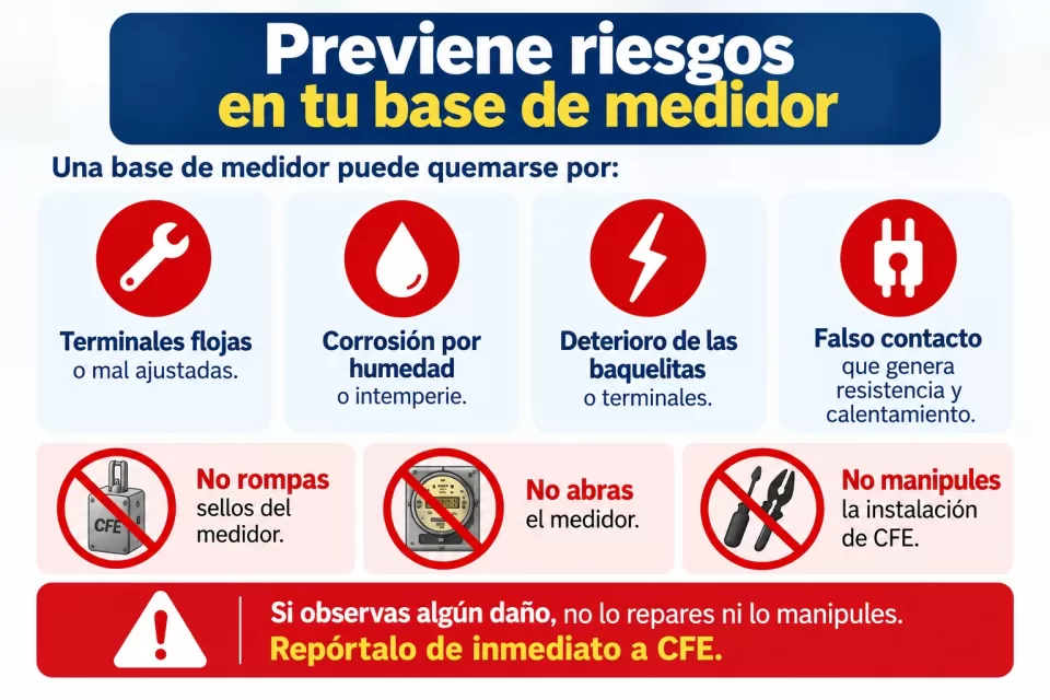 Infografía de seguridad con recomendaciones para prevenir riesgos en la base del medidor, como revisar señales de deterioro y no romper sellos, abrir el medidor ni manipular la instalación de CFE.