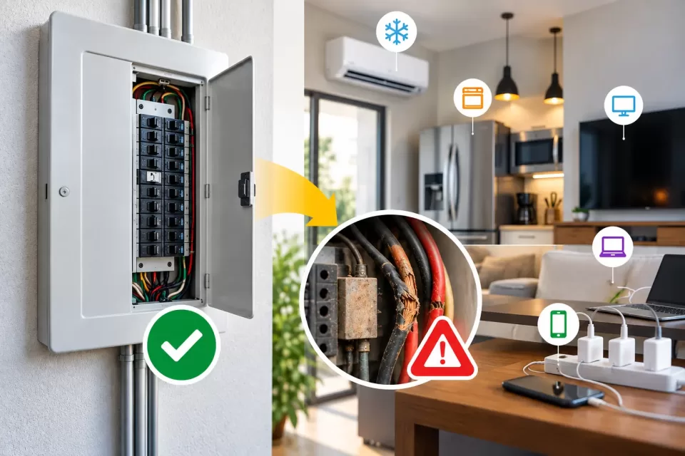 Revisión preventiva de una instalación eléctrica doméstica, con centro de carga, cables deteriorados y electrodomésticos.