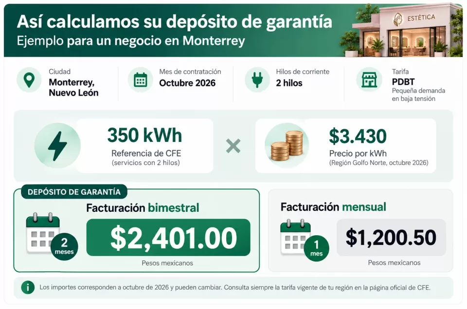 Infografía del depósito de garantía de CFE para una estética con tarifa PDBT, dos hilos de corriente y facturación bimestral.