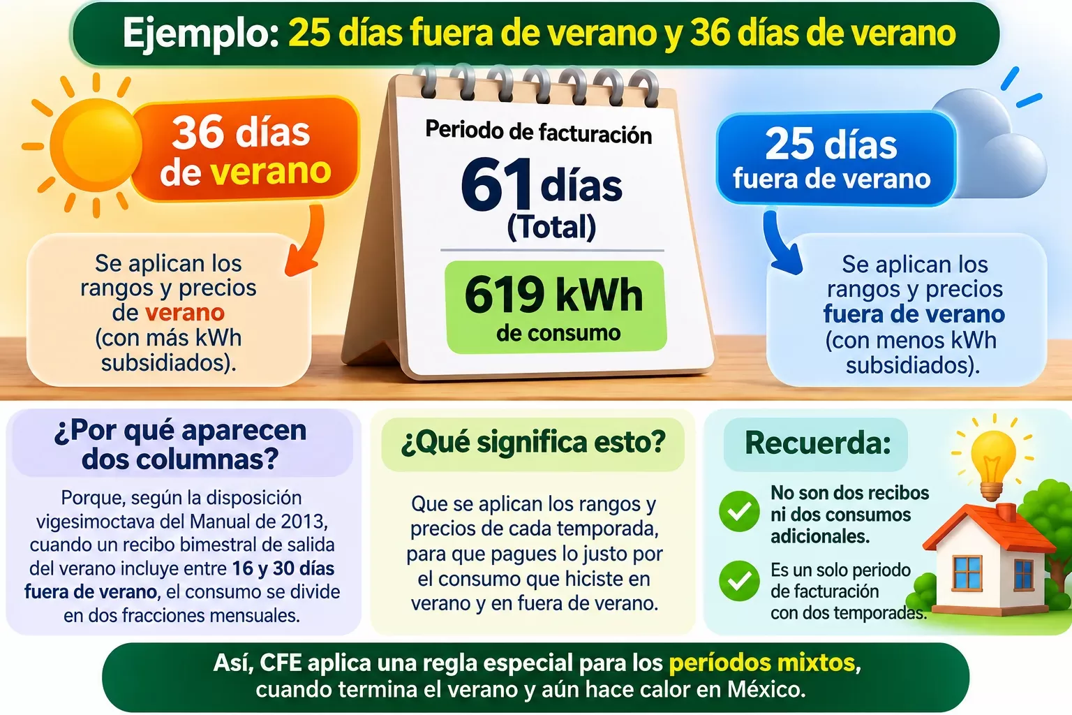 Infografía sobre un periodo mixto de CFE: 36 días de verano, 25 días fuera de verano y 619 kWh consumidos durante 61 días.